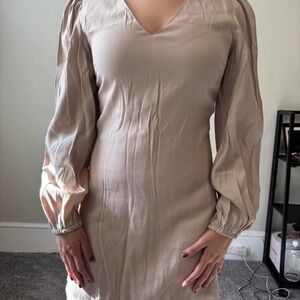 Beige Tan Formal V Neck Mini Dress - Size Extra Small - Small